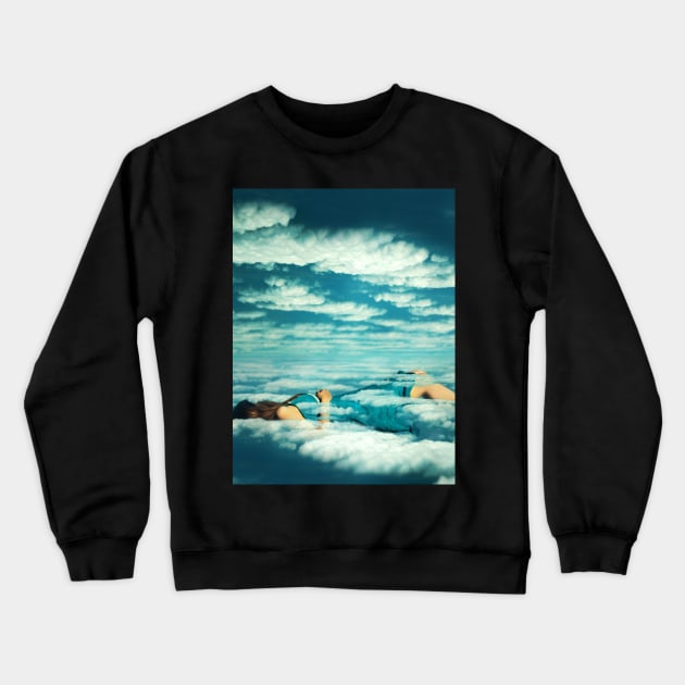 Surreal Digital Art Collage with Blue Dreamer in Clouds Crewneck Sweatshirt by Sizzlinks